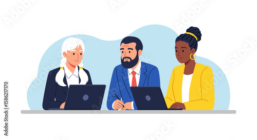 Diverse business professionals collaborating on laptops during an important meeting, discussing strategy and ideas in a modern office environment.