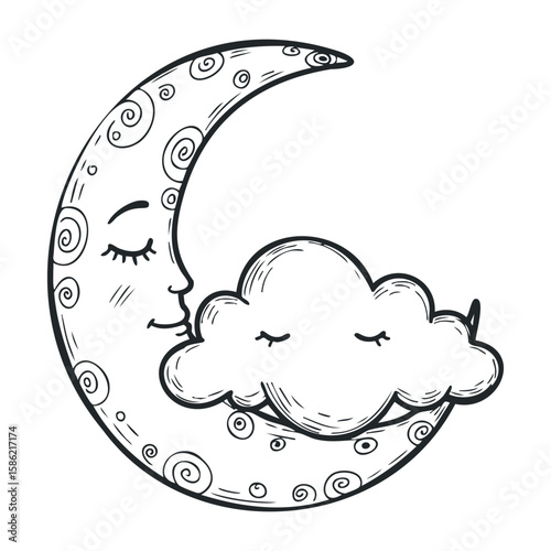 Whimsical crescent moon with smiling cloud: dreamy nighttime scene. Hand drawn vector illustration