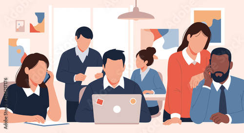 A diverse group of professional colleagues collaborates effectively in a modern, bustling office setting, illustrating teamwork and productivity.