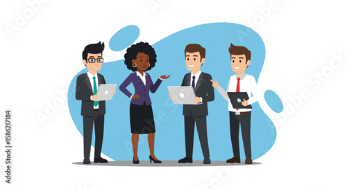 A diverse group of business professionals in formal attire are collaborating and discussing ideas while holding laptops, set against a modern abstract blue background.