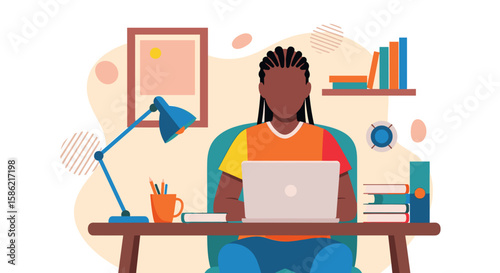 A faceless Black woman with braids is working on her laptop at a desk in a colorful home office, creating a cozy and productive atmosphere for remote work.