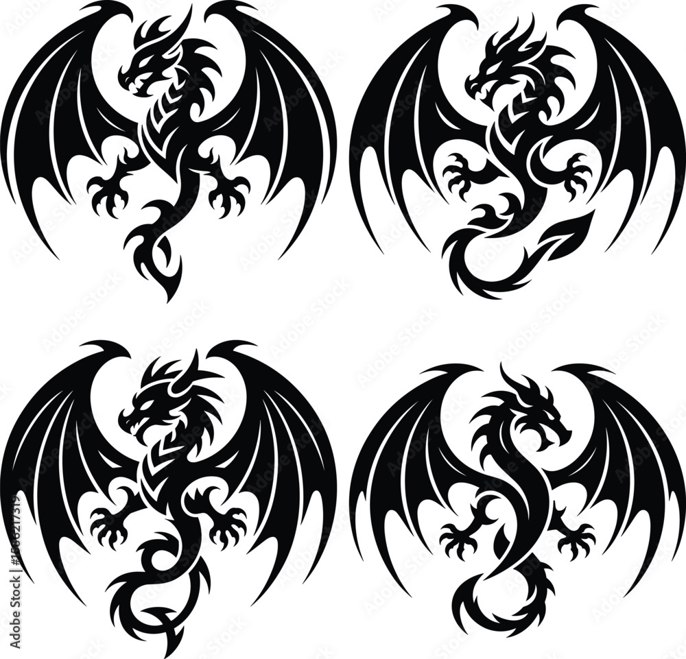 Fototapeta premium dragon silhouette, flying dragon silhouette, dragon clipart, fantasy dragon vector, dragon outline, black dragon silhouette