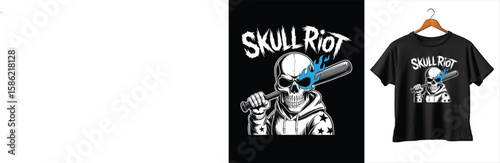 Skull Riot Vector T-shirt Design Print – Edgy Skull with Baseball Bat, Punk Rock Graphic, Urban Streetwear, Grunge Style, Alternative Fashion, Print-on-Demand