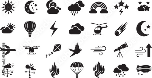 Collection of weather and transportation icons in black silhouette on white background