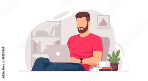 A bearded man casually works on his laptop from the comfort of his modern home office, depicted in a clean flat illustration style.