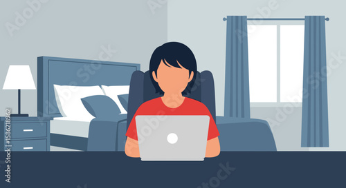 An illustrated person works remotely on a laptop from the comfort of their modern bedroom, highlighting the flexibility of digital work and online education.
