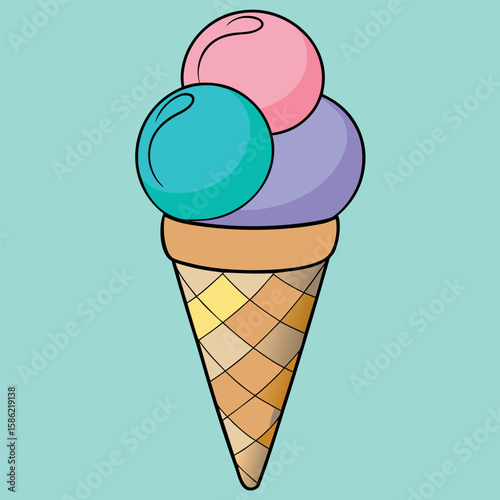 Three scoop ice cream cone with pastel colors dessert