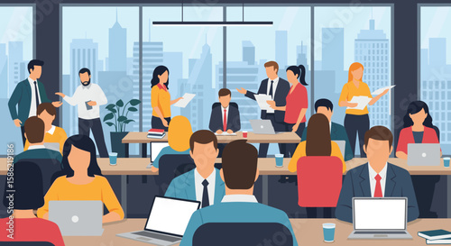 A diverse group of business professionals actively collaborates and works in a modern, bustling office space with large windows overlooking a city skyline.