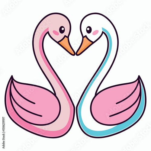 Two swans forming a heart shape with pink and blue coloring