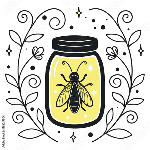 Black bee in yellow jar with floral border insect glass jar