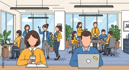 A vibrant illustration portrays a busy modern office space where diverse professionals work collaboratively, engage in discussions, and utilize technology.