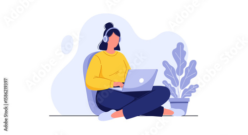 A young woman wearing headphones sits comfortably, using a laptop while relaxing, with a plant nearby, illustrating modern lifestyle and technology.