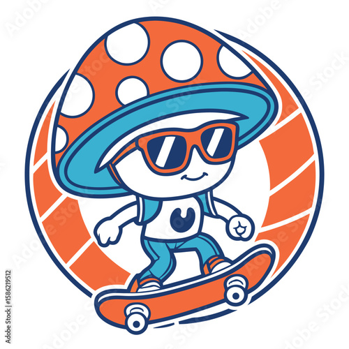 Cartoon mushroom character skateboarding with sunglasses