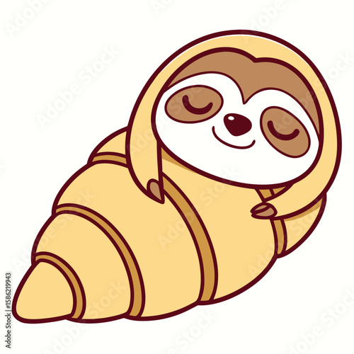 Cute sloth sleeping inside a croissant kawaii