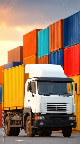 Sunset backdrop highlights truck transporting cargo container on highway for global shipping and logistics operations