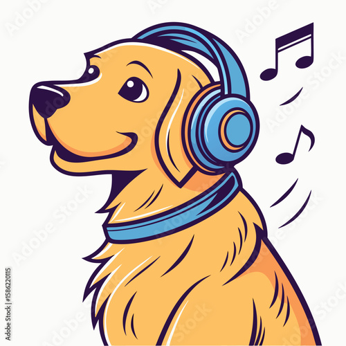 Golden retriever dog wearing blue headphones listening to music