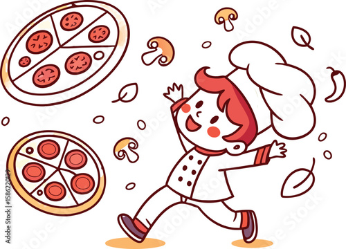 Joyful cartoon chef running with pizzas and ingredients isolated on transparent background
