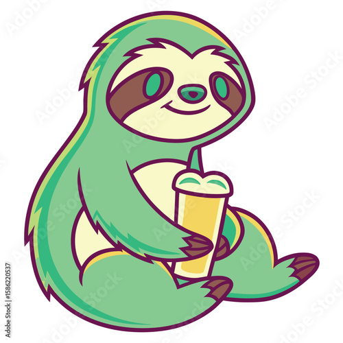 Green sloth holding a yellow drink with foam animal