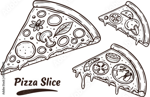 Three hand drawn pizza slices with various toppings isolated on transparent background