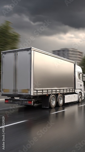 Traditional cargo container truck drives on the highway at sunset enhancing business logistics and transport of goods across the road network photo