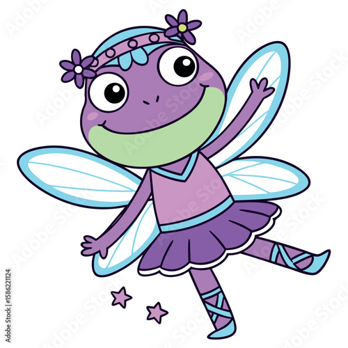 Purple cartoon fairy frog with wings and flowers vector