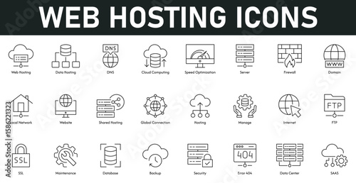 Web Hosting Icons vector illustration with thin line editable stroke containing data, DNS, cloud computing, speed optimization, server, firewall, domain, local network, website, global connection, FTP
