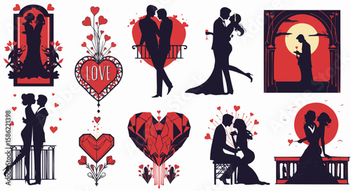 Romantic silhouettes depicting couples in love, showcasing different poses and settings. 