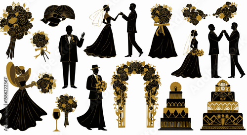 Elegant wedding theme elements with flowers, couple and cakes in black and gold.