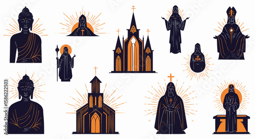 Diverse array of religious symbols and architecture.