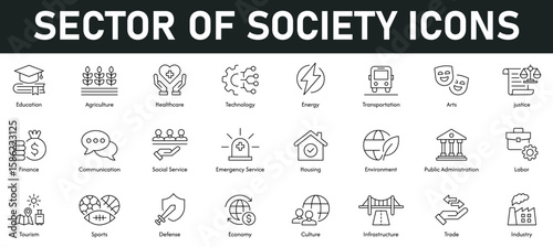 Sector of Society Icons vector illustration with thin line editable stroke containing education, agriculture, healthcare, technology, art, energy, transport, finance, housing, justice, industry, trade