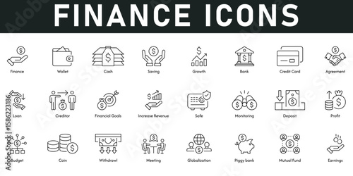Finance Icons vector illustration with thin line editable stroke containing wallet, saving, growth, bank, loan, revenue, profit, budget, mutual fund, earnings, cash, financial goal, bank, credit card