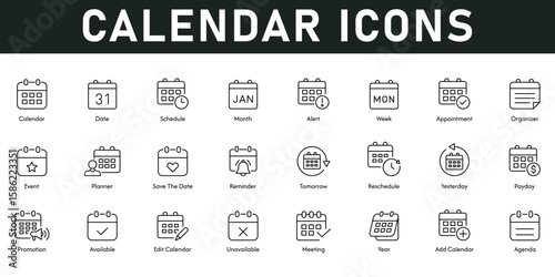 Calendar Icons vector illustration with thin line editable stroke containing date, schedule, month, week, appointment, event, planner, reminder, agenda, meeting, available, year, tomorrow, pay day