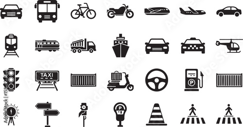 Collection of diverse transportation and traffic icons representing various modes of travel and infrastructure