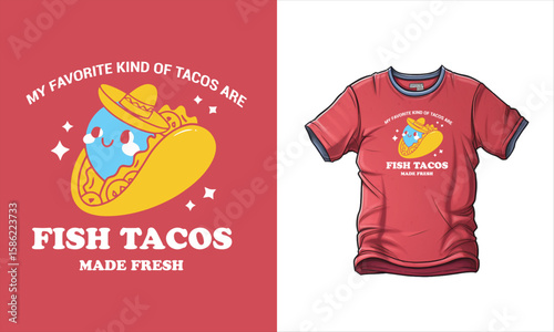 Funny Fish Tacos graphic vector t-shirt design print – Cute Cartoon Fish in Taco with Sombrero, Foodie Pun Graphic for Mexican Restaurant, Food Truck, Cinco de Mayo, Print-on-Demand Apparel