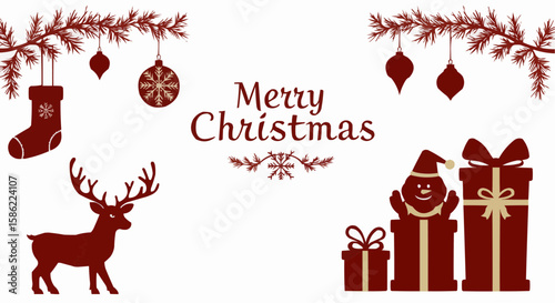 Merry Christmas greeting card with deer, gifts, and ornaments.
