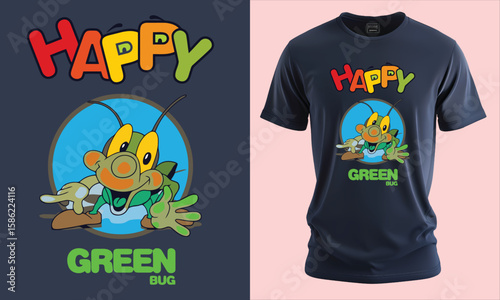 Happy Green Bug T-shirt design. Funny retro cartoon insect mascot. Vector graphic for kids apparel, print-on-demand, and merchandise.