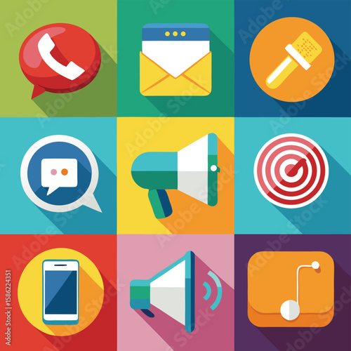 Collection of flat design icons representing communication and marketing tools