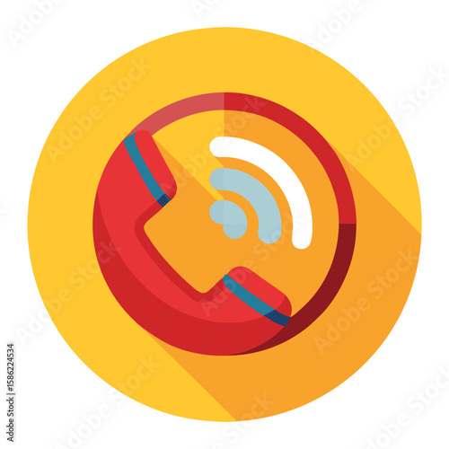 Red telephone handset with wireless signal icon on yellow circle background