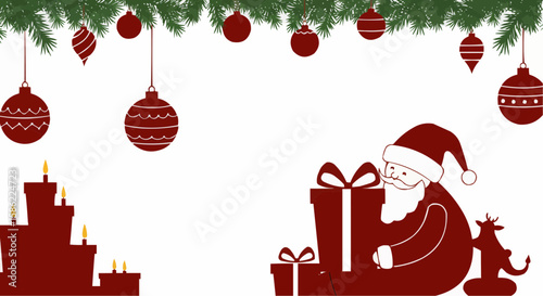 Santa Claus preparing Christmas gifts near hanging ornaments and candles. 