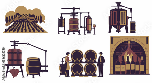 Wine production process. A collection of illustrations shows the various stages of wine production from the vineyard to bottling, showcasing the dedication to winemaking.