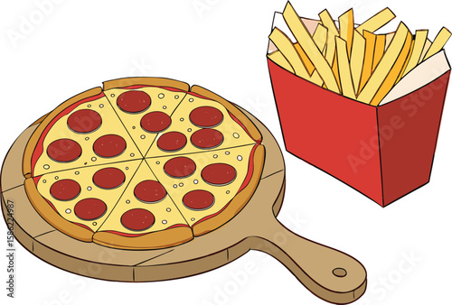 Pepperoni pizza slices and french fries in red box isolated on transparent background