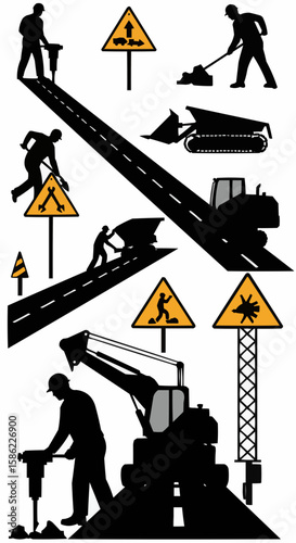 Construction site silhouettes, showcasing various workers and machines.