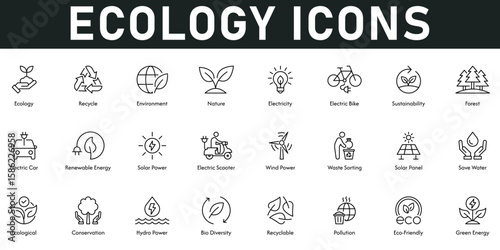 Ecology Icons vector illustration with thin line editable stroke containing recycle, nature, sustainability, electricity, renewable energy, solar power, sav water, conversation, green energy, forest