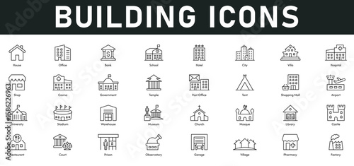 Building Icons vector illustration with thin line editable stroke containing house, office, bank, school, hotel, city, villa, hospital, shop, casino, government, temple, post office, tent, shopping