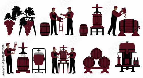 Wine-making process in progress, grape harvesting and wine production in different stages. 