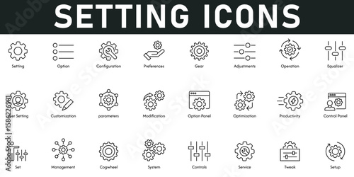 Setting Icons vector illustration with thin line editable stroke containing options, configuration, preferences, adjustment, operation, equalizer, user setting, customization, parameters, modification