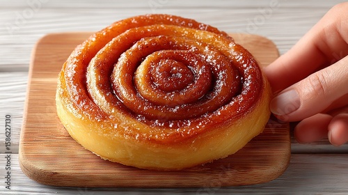   A close-up photo of a doughnut resting on a cutting board, with a person's hand hovering over it