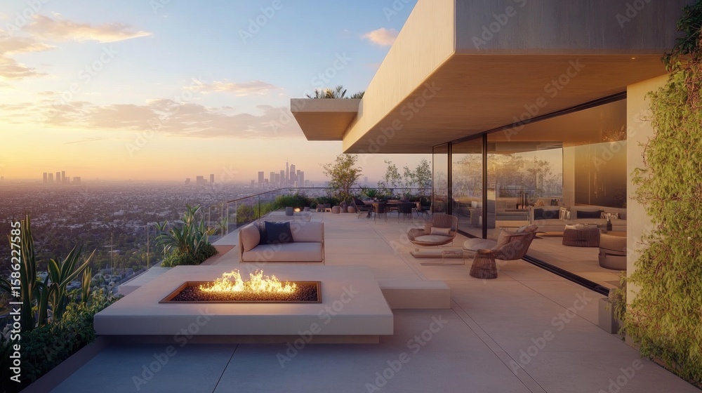 Fototapeta premium Luxury rooftop patio overlooking a city skyline at sunset with a fire pit and lounge area