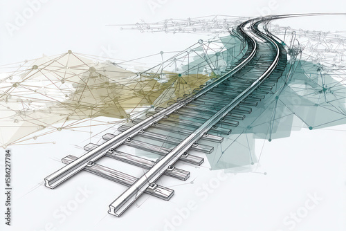 Curved tracks wind through an abstract landscape of geometric shapes, showcasing modern transportation