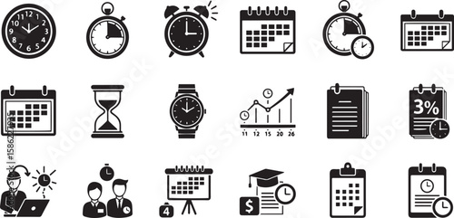 Collection of business and time management icons including clocks calendars and graphs